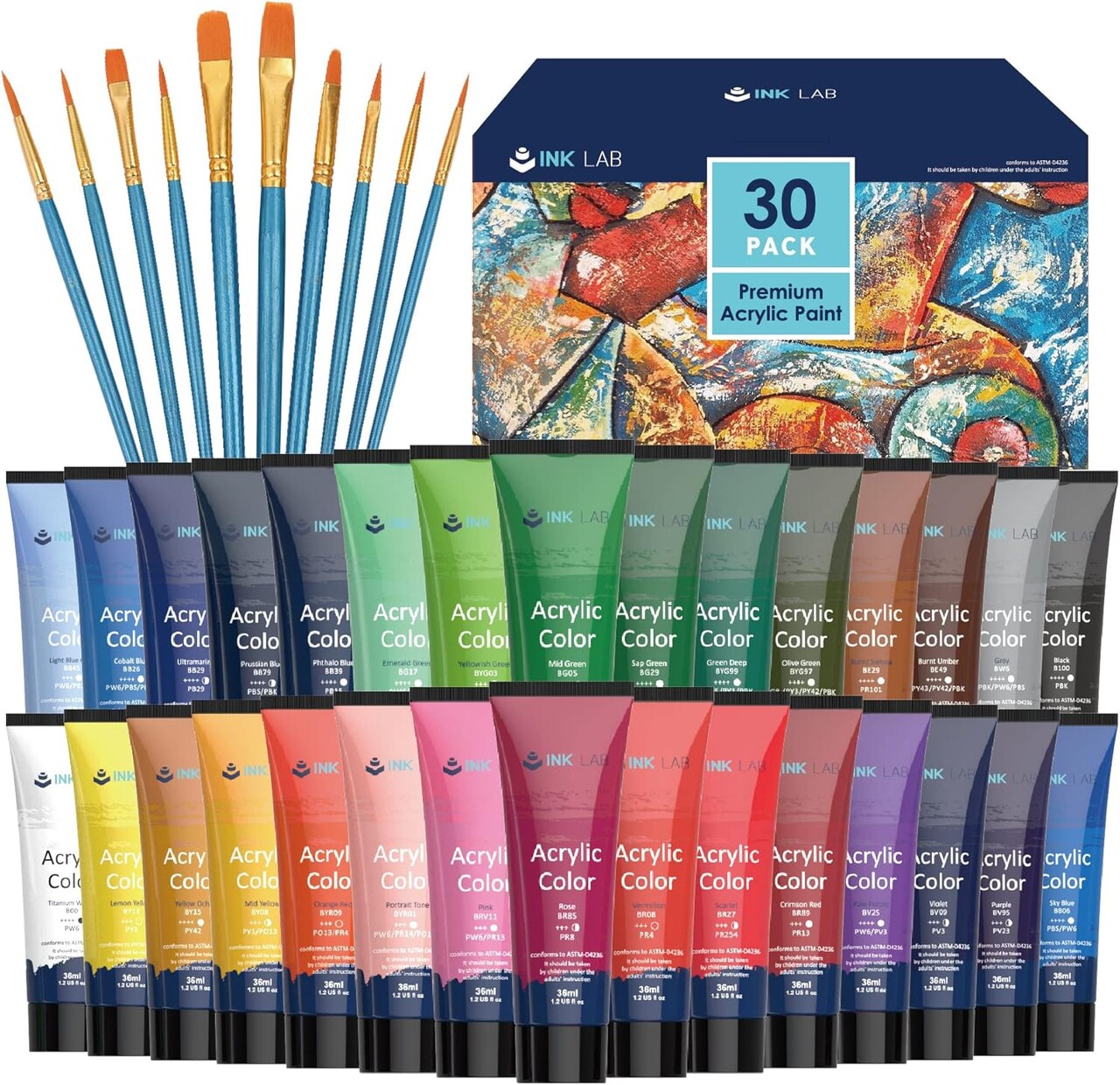 30-Color Acrylic Paint Set – 36ml Tubes, 10 Brushes, Rich Pigment for Canvas, Wood, Fabric, and Crafts.